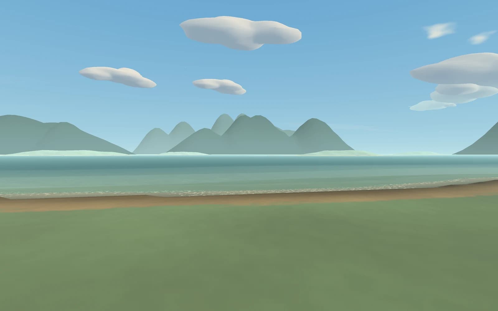 A peaceful lakeshore framed by distant mountains