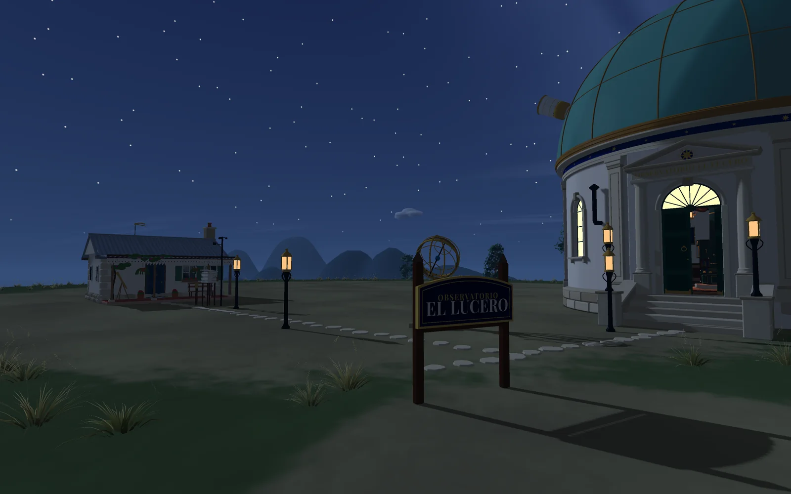 The domed observatory and the astronomer's house under a starry sky