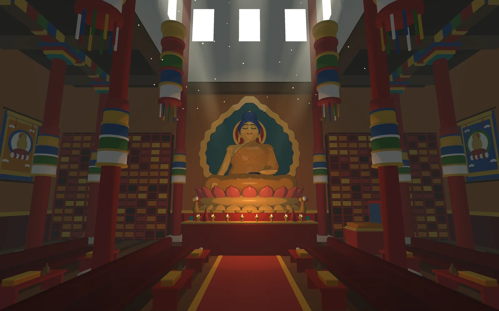 Inside the temple: painted pillars, banners and a golden Buddha at the end of the aisle
