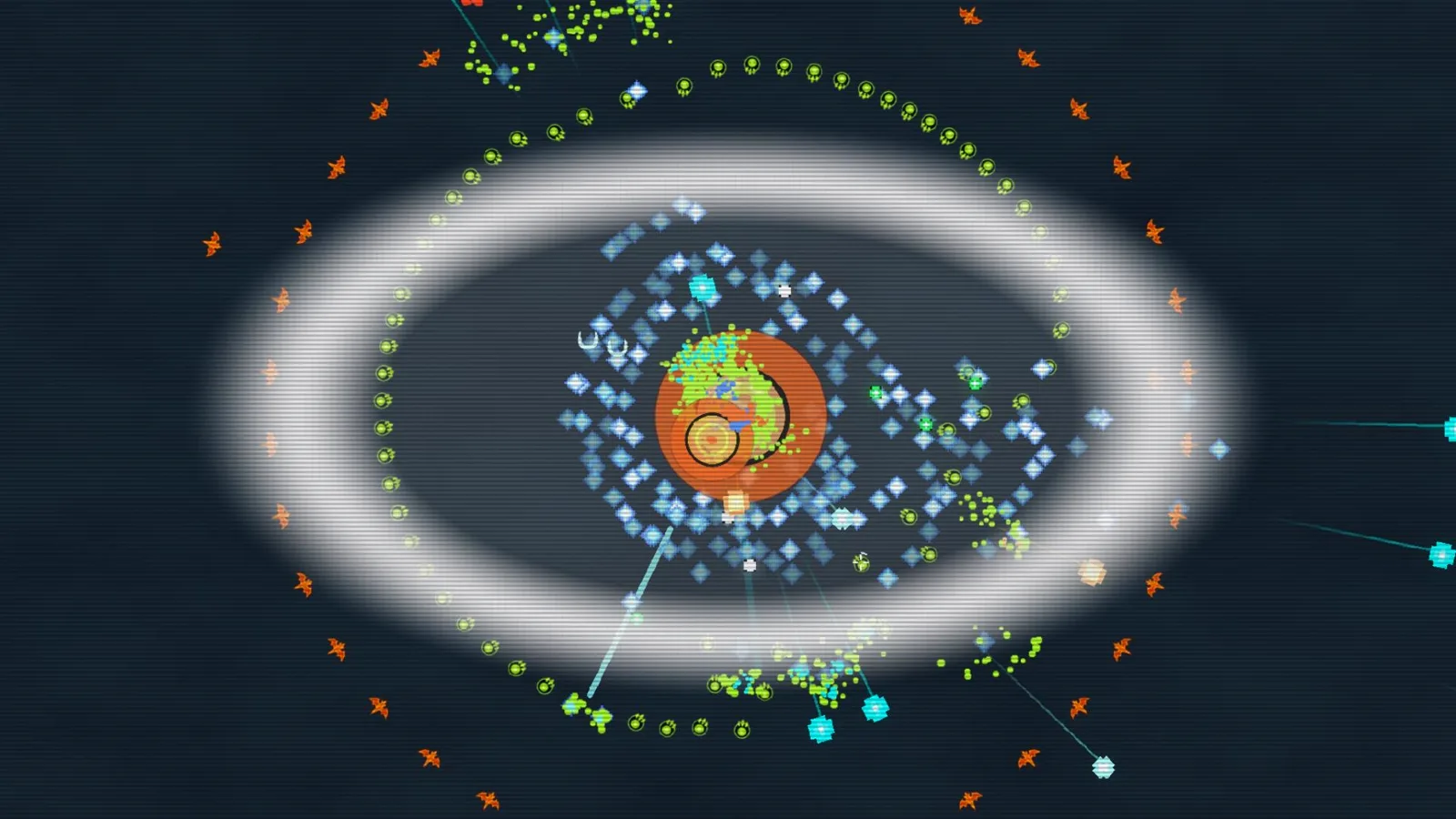 A shockwave throws back rings of neon demons closing in on the player's ship