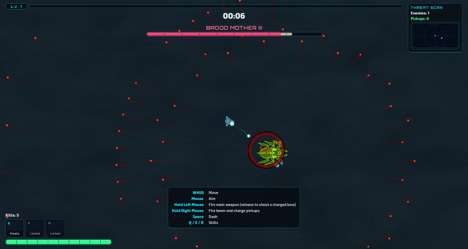 The Brood Mother boss firing a radial volley of red shots at the player