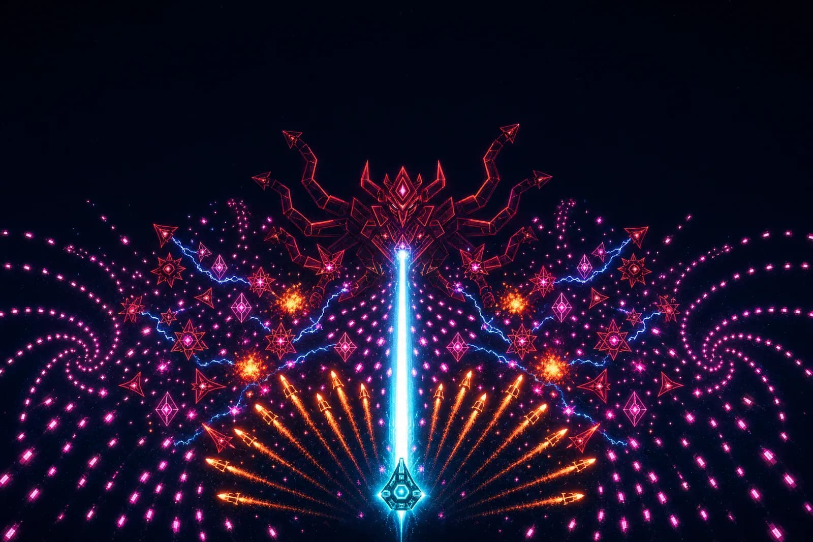A neon ship firing a plasma beam and rockets into a demonic swarm in Star Void: Omega