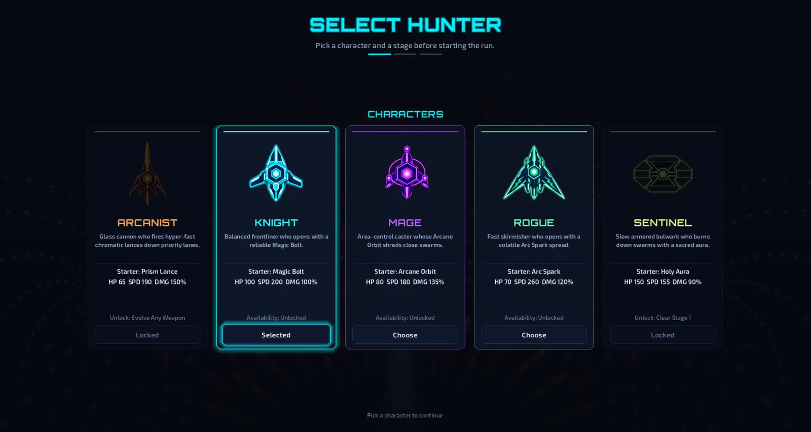 The hunter select screen with the Arcanist, Knight, Mage, Rogue, and Sentinel