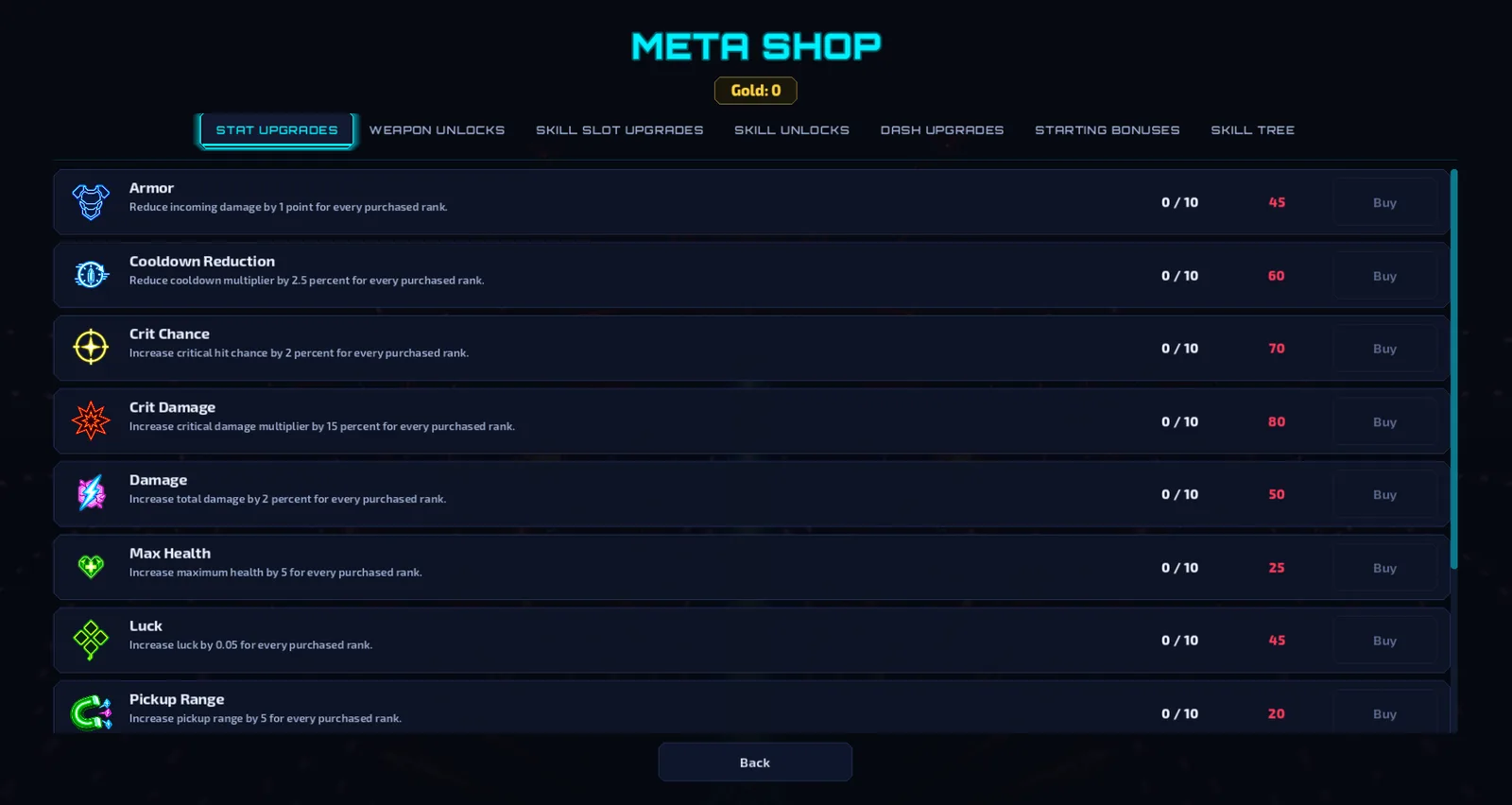 The meta shop listing permanent stat upgrades such as armor, crit chance, and damage