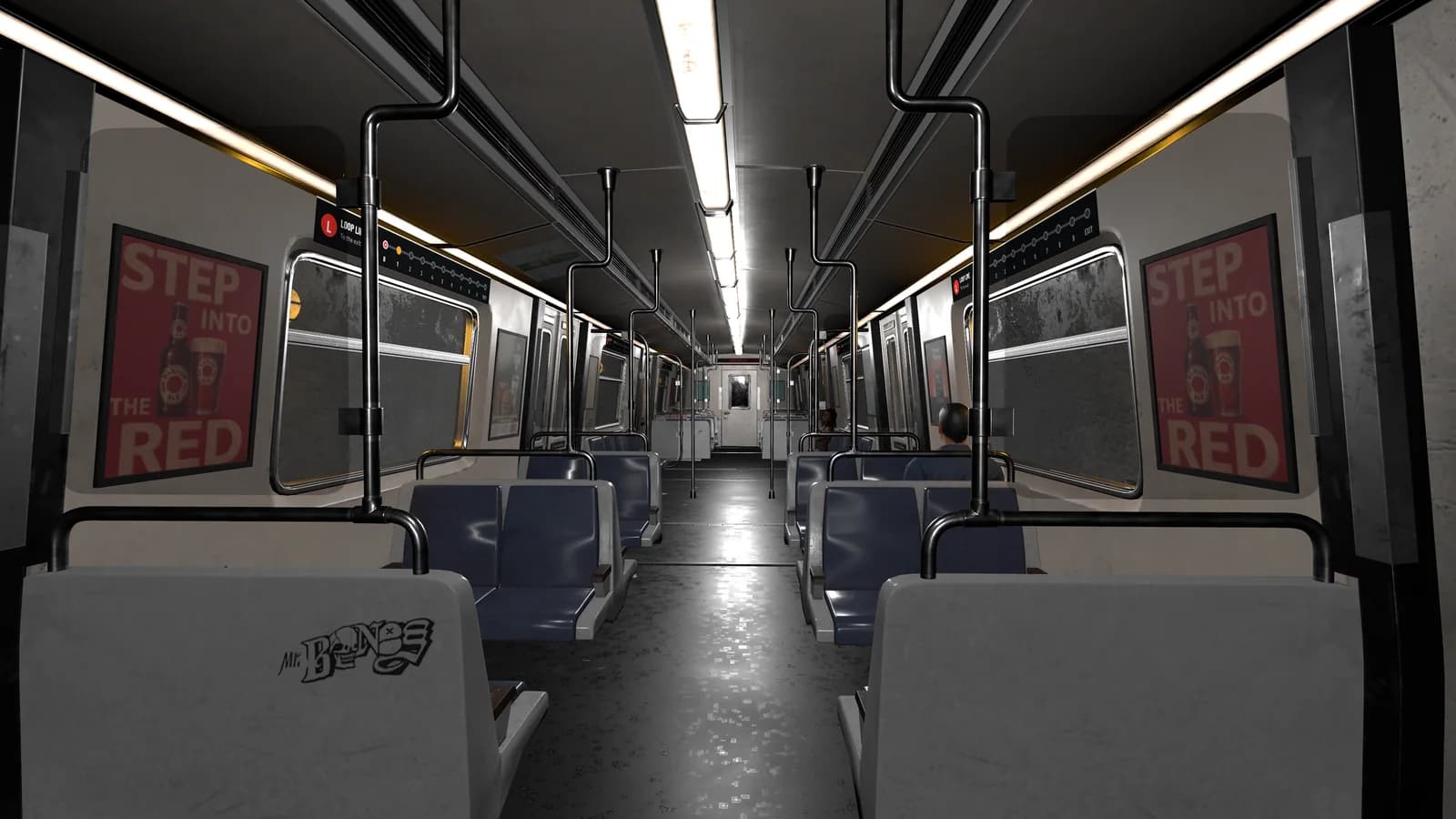 An empty subway car under fluorescent lights
