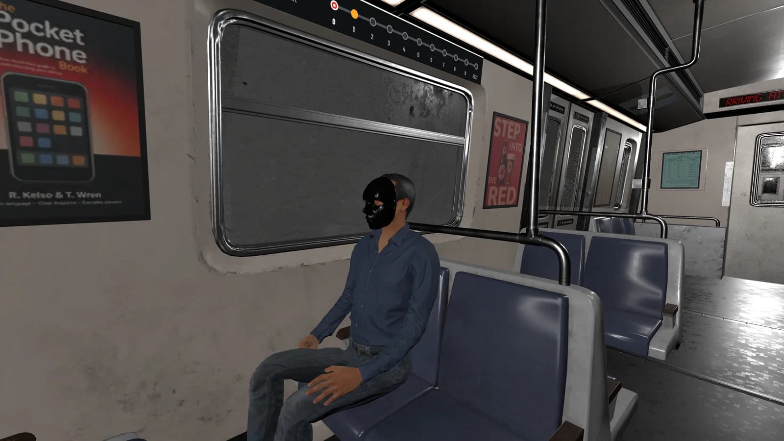 A seated passenger wearing a black doll mask