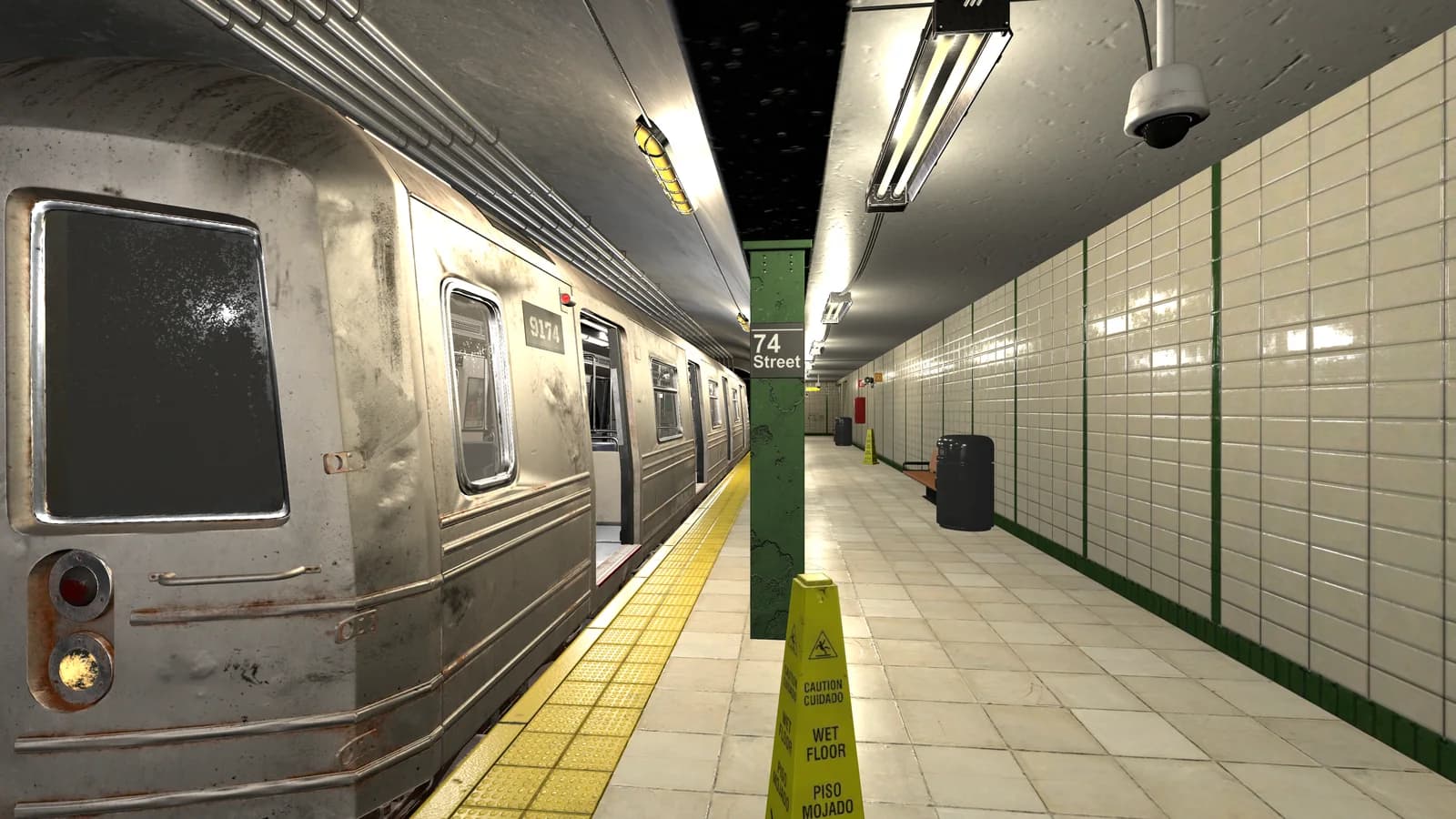 The train waiting at a tiled subway platform