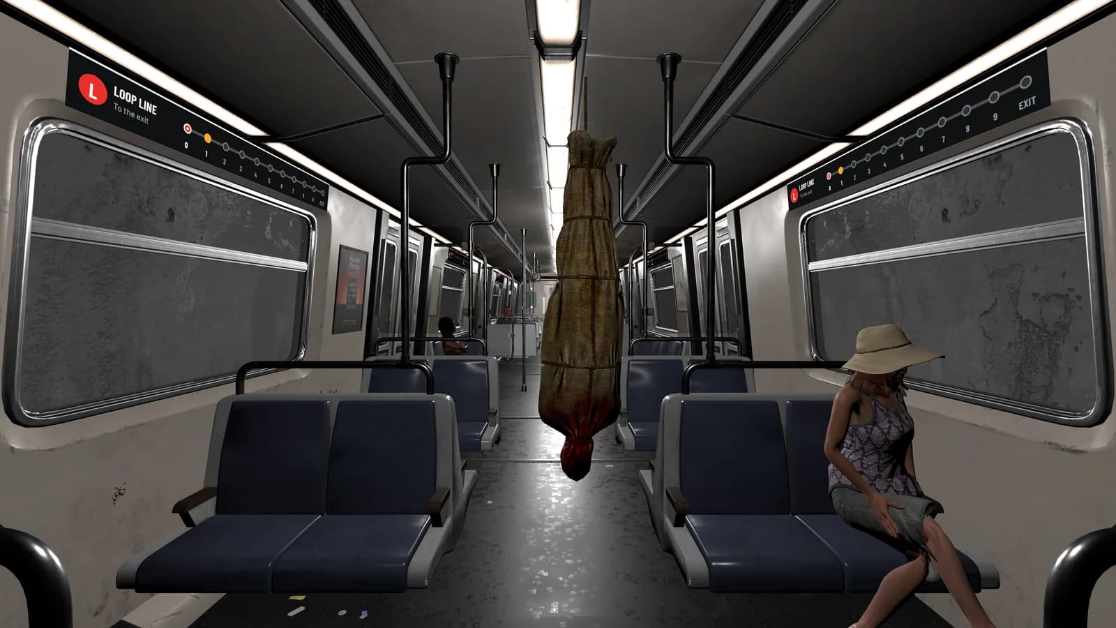A wrapped figure hanging from the ceiling between the seats